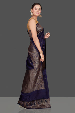 Buy beautiful navy tussar Banarasi saree online in USA with antique zari border. Go for stunning Indian designer sarees, georgette sarees, handwoven saris, embroidered sarees for festive occasions and weddings from Pure Elegance Indian clothing store in USA.-side