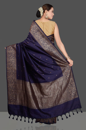Buy beautiful navy tussar Banarasi saree online in USA with antique zari border. Go for stunning Indian designer sarees, georgette sarees, handwoven saris, embroidered sarees for festive occasions and weddings from Pure Elegance Indian clothing store in USA.-back