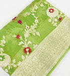 Shop gorgeous lime green silk Banarasi saree online in USA. Make a fashion statement at weddings with stunning designer sarees, embroidered sarees with blouse, wedding sarees, handloom sarees from Pure Elegance Indian fashion store in USA.-front