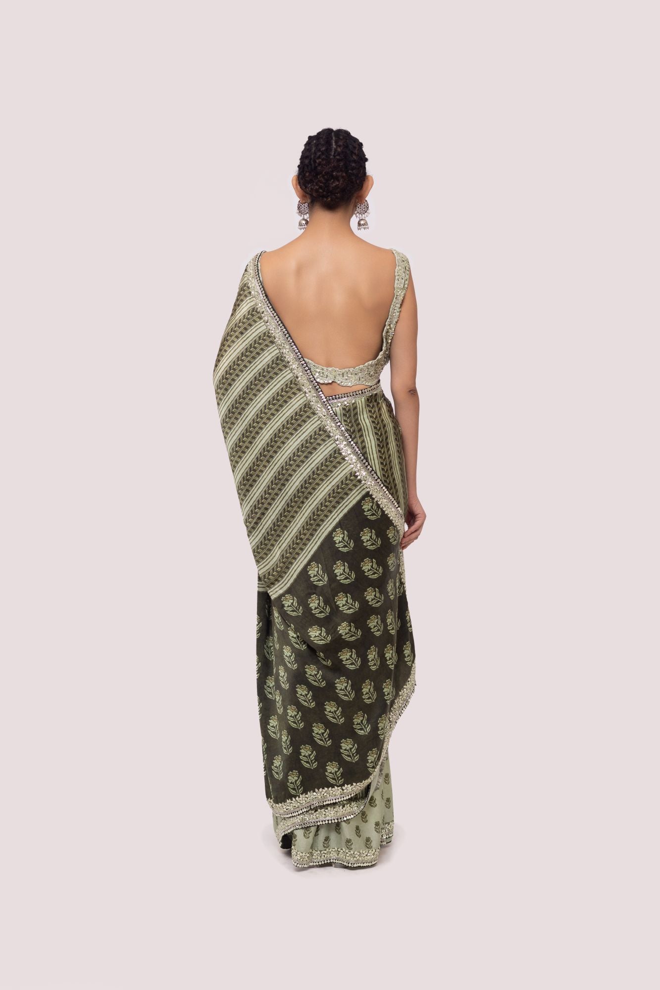 Shop beautiful olive green printed embroidered organza saree online in USA. Make a fashion statement on festive occasions and weddings with designer sarees, designer suits, Indian dresses, Anarkali suits, palazzo suits, designer gowns, sharara suits, embroidered sarees from Pure Elegance Indian fashion store in USA.-back