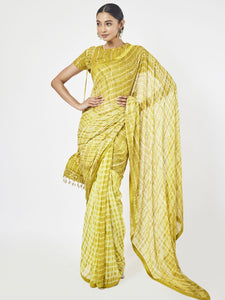 Buy beautiful mustard printed cutdana work georgette saree online in USA with blouse. Make a fashion statement on festive occasions and weddings with designer sarees, designer suits, Indian dresses, Anarkali suits, palazzo suits, designer gowns, sharara suits, embroidered sarees from Pure Elegance Indian fashion store in USA.-full view