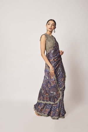 Shop stunning navy blue printed embroidered satin saree online in USA with blouse. Make a fashion statement on festive occasions and weddings with designer sarees, designer suits, Indian dresses, Anarkali suits, palazzo suits, designer gowns, sharara suits, embroidered sarees from Pure Elegance Indian fashion store in USA.-right
