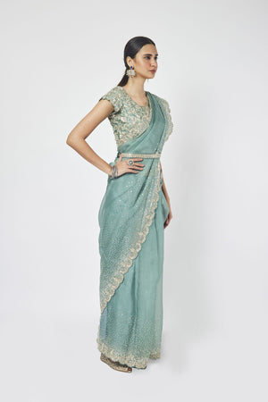 Buy fern green embroidered belted organza saree online in USA with saree blouse. Make a fashion statement on festive occasions and weddings with designer sarees, designer suits, Indian dresses, Anarkali suits, palazzo suits, designer gowns, sharara suits, embroidered sarees from Pure Elegance Indian fashion store in USA.-right