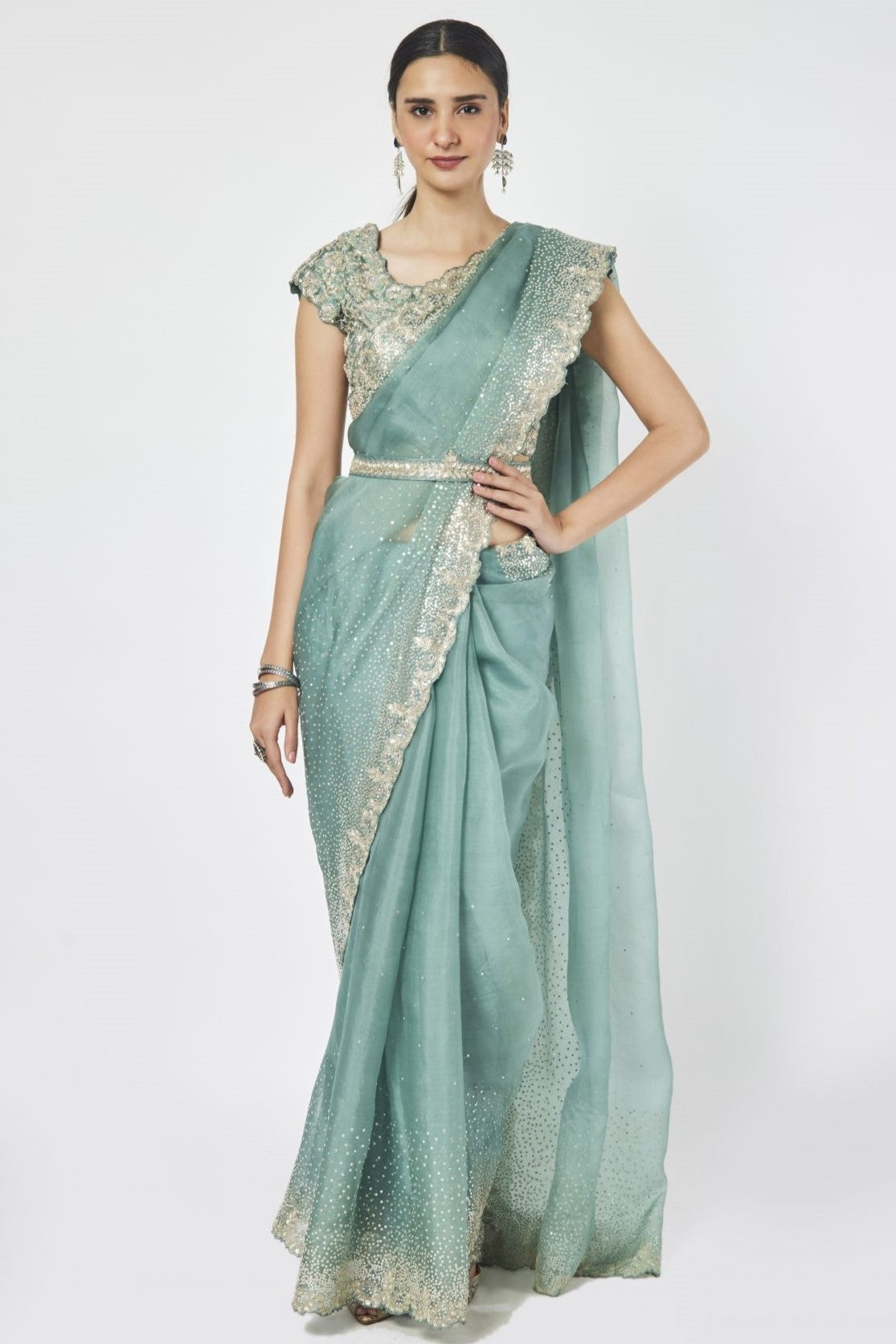 Buy fern green embroidered belted organza saree online in USA with saree blouse. Make a fashion statement on festive occasions and weddings with designer sarees, designer suits, Indian dresses, Anarkali suits, palazzo suits, designer gowns, sharara suits, embroidered sarees from Pure Elegance Indian fashion store in USA.-full view