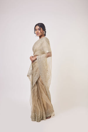 Buy beige embroidered organza saree online in USA with embroidered saree blouse. Make a fashion statement on festive occasions and weddings with designer sarees, designer suits, Indian dresses, Anarkali suits, palazzo suits, designer gowns, sharara suits, embroidered sarees from Pure Elegance Indian fashion store in USA.-side