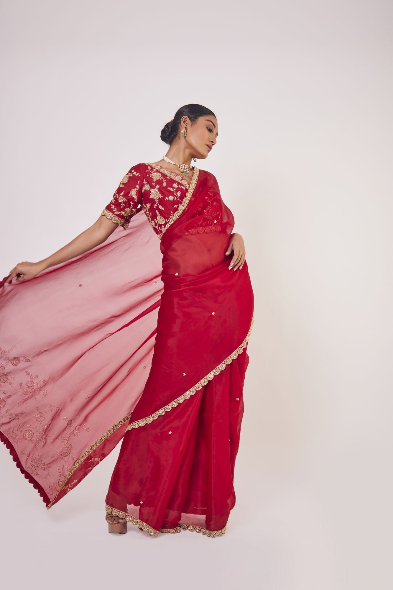 Shop red embroidered organza saree online in USA with designer saree blouse. Make a fashion statement on festive occasions and weddings with designer sarees, designer suits, Indian dresses, Anarkali suits, palazzo suits, designer gowns, sharara suits, embroidered sarees from Pure Elegance Indian fashion store in USA.-front