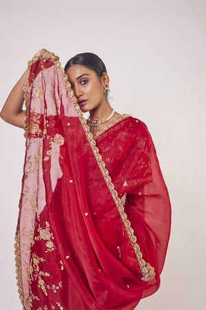 Shop red embroidered organza saree online in USA with designer saree blouse. Make a fashion statement on festive occasions and weddings with designer sarees, designer suits, Indian dresses, Anarkali suits, palazzo suits, designer gowns, sharara suits, embroidered sarees from Pure Elegance Indian fashion store in USA.-closeup