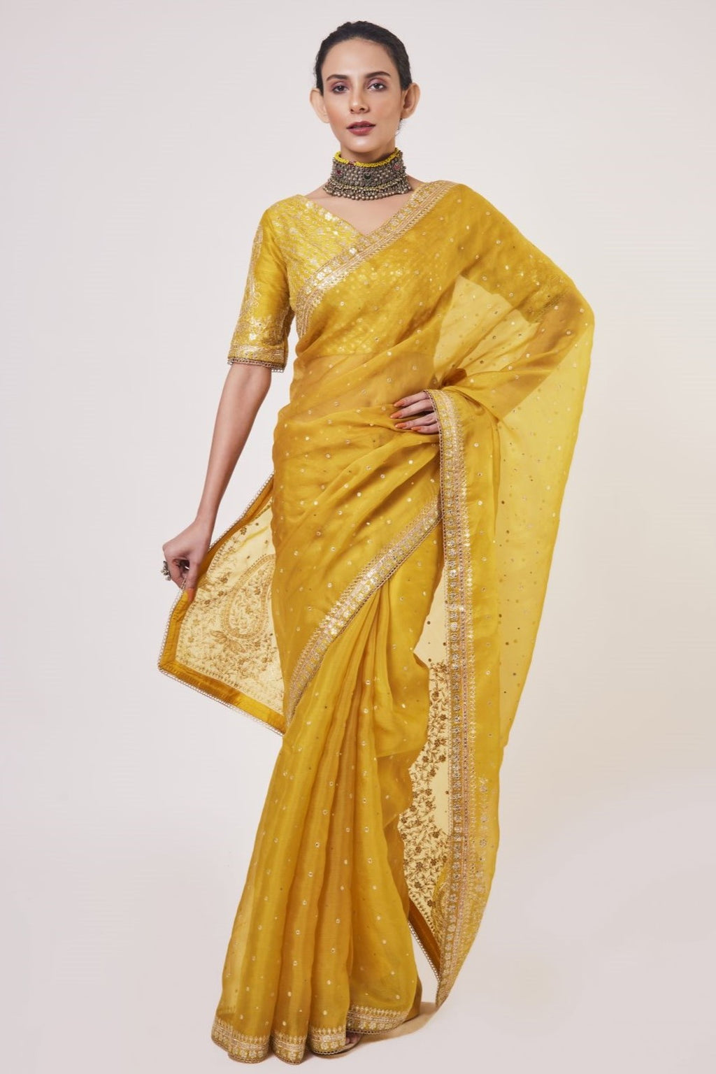 Buy mustard aari work organza saree online in USA with designer saree blouse. Make a fashion statement on festive occasions and weddings with designer sarees, designer suits, Indian dresses, Anarkali suits, palazzo suits, designer gowns, sharara suits, embroidered sarees from Pure Elegance Indian fashion store in USA.-full view
