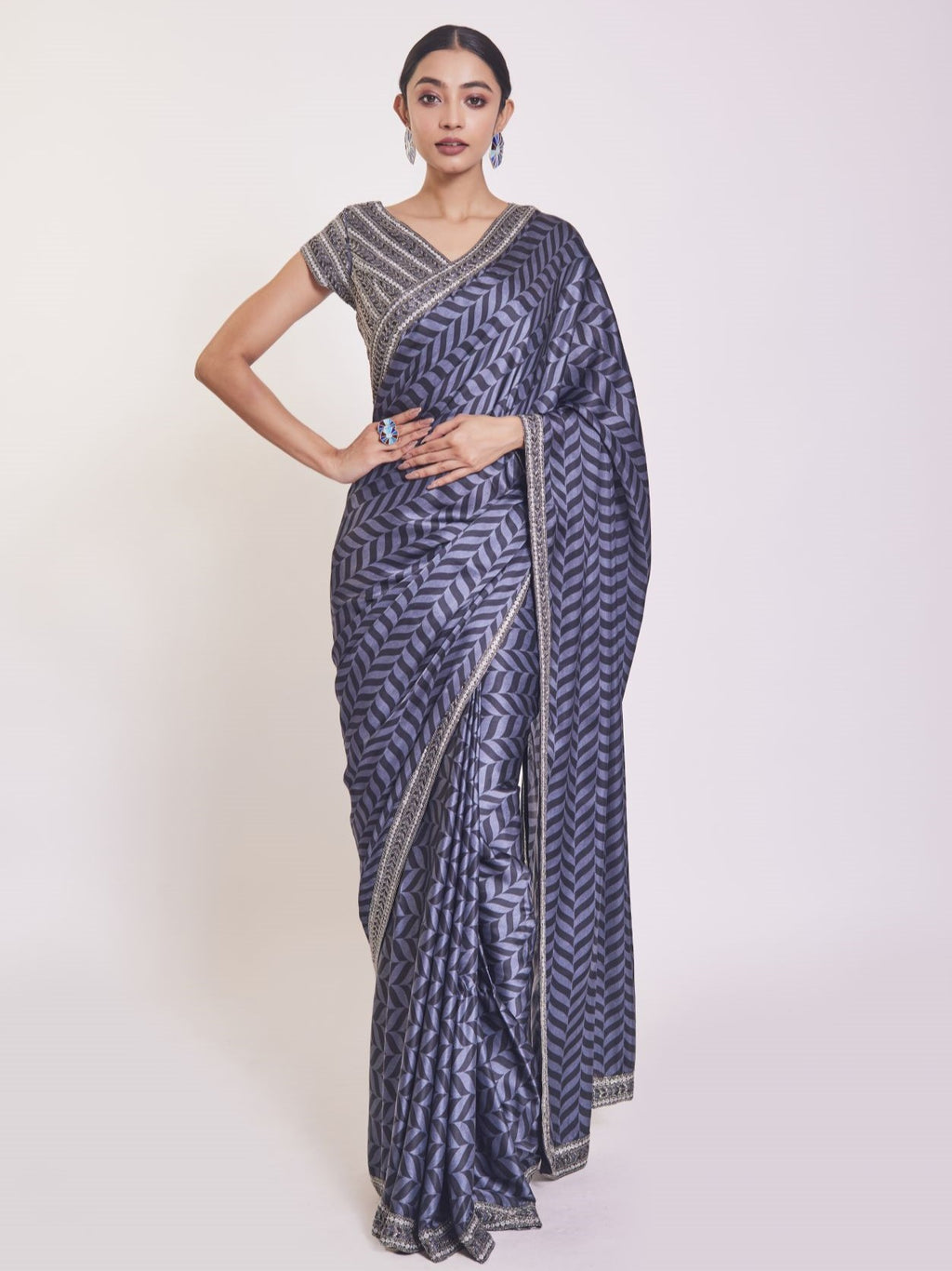 Shop grey and blue printed embroidered satin saree online in USA with saree blouse. Make a fashion statement on festive occasions and weddings with designer sarees, designer suits, Indian dresses, Anarkali suits, palazzo suits, designer gowns, sharara suits, embroidered sarees from Pure Elegance Indian fashion store in USA.-full view