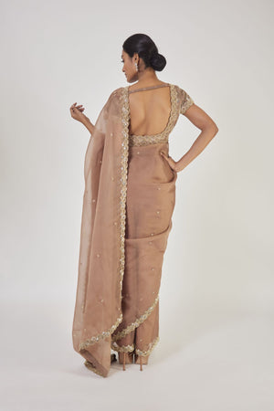 Buy beautiful light coffee brown sequin work organza saree online in USA with saree blouse. Make a fashion statement on festive occasions and weddings with designer sarees, designer suits, Indian dresses, Anarkali suits, palazzo suits, designer gowns, sharara suits, embroidered sarees from Pure Elegance Indian fashion store in USA.-back
