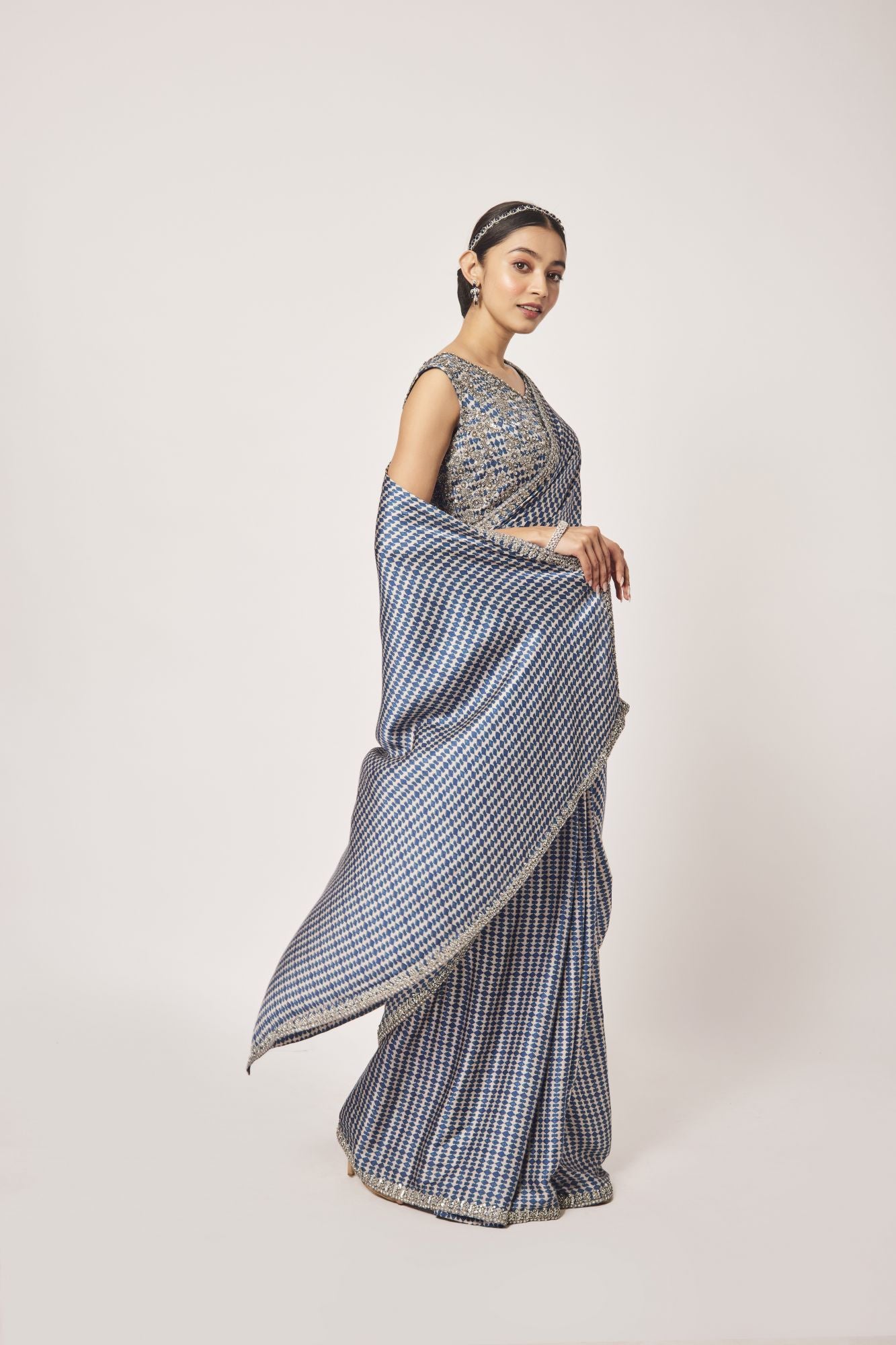 Shop beautiful blue and beige printed embroidered satin saree online in USA with saree blouse. Make a fashion statement on festive occasions and weddings with designer sarees, designer suits, Indian dresses, Anarkali suits, palazzo suits, designer gowns, sharara suits, embroidered sarees from Pure Elegance Indian fashion store in USA.-side