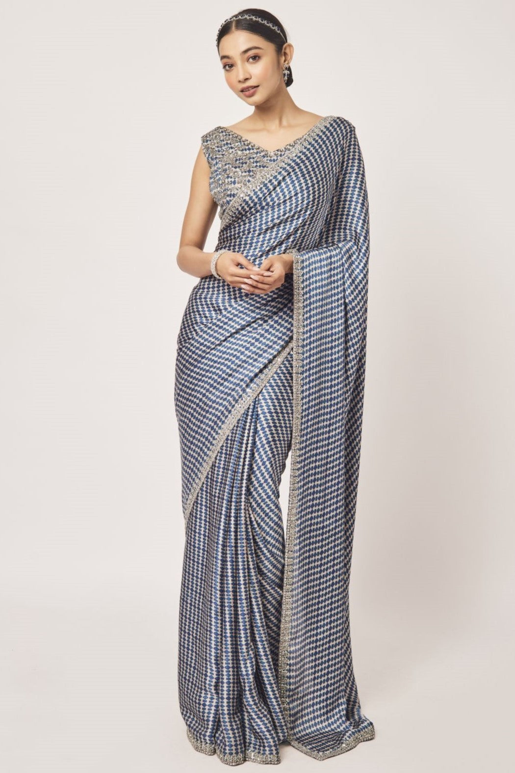 Shop beautiful blue and beige printed embroidered satin saree online in USA with saree blouse. Make a fashion statement on festive occasions and weddings with designer sarees, designer suits, Indian dresses, Anarkali suits, palazzo suits, designer gowns, sharara suits, embroidered sarees from Pure Elegance Indian fashion store in USA.-full view