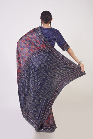 Shop beautiful blue and red printed bead work handloom saree online in USA with saree blouse. Make a fashion statement on festive occasions and weddings with designer sarees, designer suits, Indian dresses, Anarkali suits, palazzo suits, designer gowns, sharara suits, embroidered sarees from Pure Elegance Indian fashion store in USA.-back