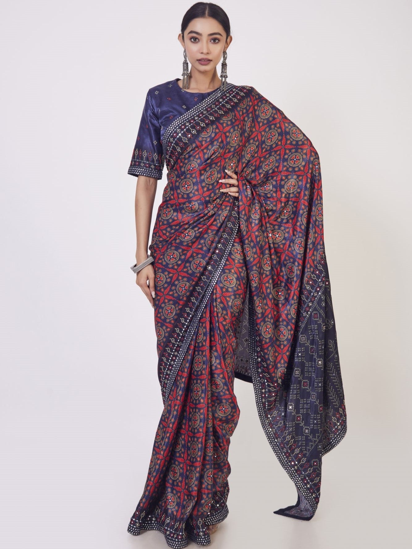 Shop beautiful blue and red printed bead work handloom saree online in USA with saree blouse. Make a fashion statement on festive occasions and weddings with designer sarees, designer suits, Indian dresses, Anarkali suits, palazzo suits, designer gowns, sharara suits, embroidered sarees from Pure Elegance Indian fashion store in USA.-full view