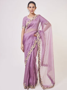 Buy beautiful lavender embroidered organza sari online in USA with blouse. Make a fashion statement on festive occasions and weddings with designer sarees, designer suits, Indian dresses, Anarkali suits, palazzo suits, designer gowns, sharara suits, embroidered sarees from Pure Elegance Indian fashion store in USA.-full view