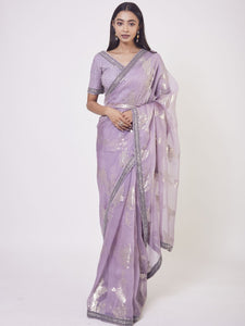 Shop lavender embroidered satin sari online in USA with blouse. Make a fashion statement on festive occasions and weddings with designer sarees, designer suits, Indian dresses, Anarkali suits, palazzo suits, designer gowns, sharara suits, embroidered sarees from Pure Elegance Indian fashion store in USA.-full view