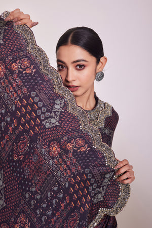 Shop beautiful wine printed embroidered satin sari online in USA with blouse. Make a fashion statement on festive occasions and weddings with designer sarees, designer suits, Indian dresses, Anarkali suits, palazzo suits, designer gowns, sharara suits, embroidered sarees from Pure Elegance Indian fashion store in USA.-pallu