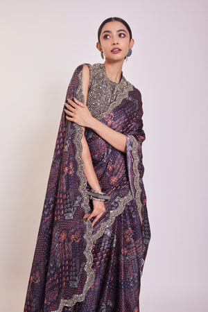 Shop beautiful wine printed embroidered satin sari online in USA with blouse. Make a fashion statement on festive occasions and weddings with designer sarees, designer suits, Indian dresses, Anarkali suits, palazzo suits, designer gowns, sharara suits, embroidered sarees from Pure Elegance Indian fashion store in USA.-closeup