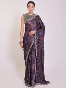 Shop beautiful wine printed embroidered satin sari online in USA with blouse. Make a fashion statement on festive occasions and weddings with designer sarees, designer suits, Indian dresses, Anarkali suits, palazzo suits, designer gowns, sharara suits, embroidered sarees from Pure Elegance Indian fashion store in USA.-full view