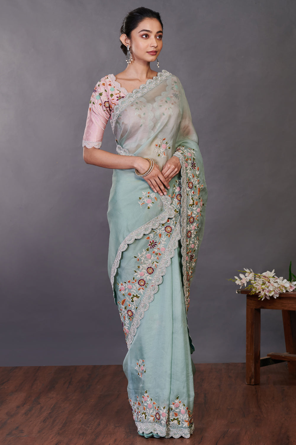 Buy sea green embroidered organza sari online in USA with blouse. Make a fashion statement on festive occasions and weddings with designer sarees, designer suits, Indian dresses, Anarkali suits, palazzo suits, designer gowns, sharara suits, embroidered sarees from Pure Elegance Indian fashion store in USA.-right