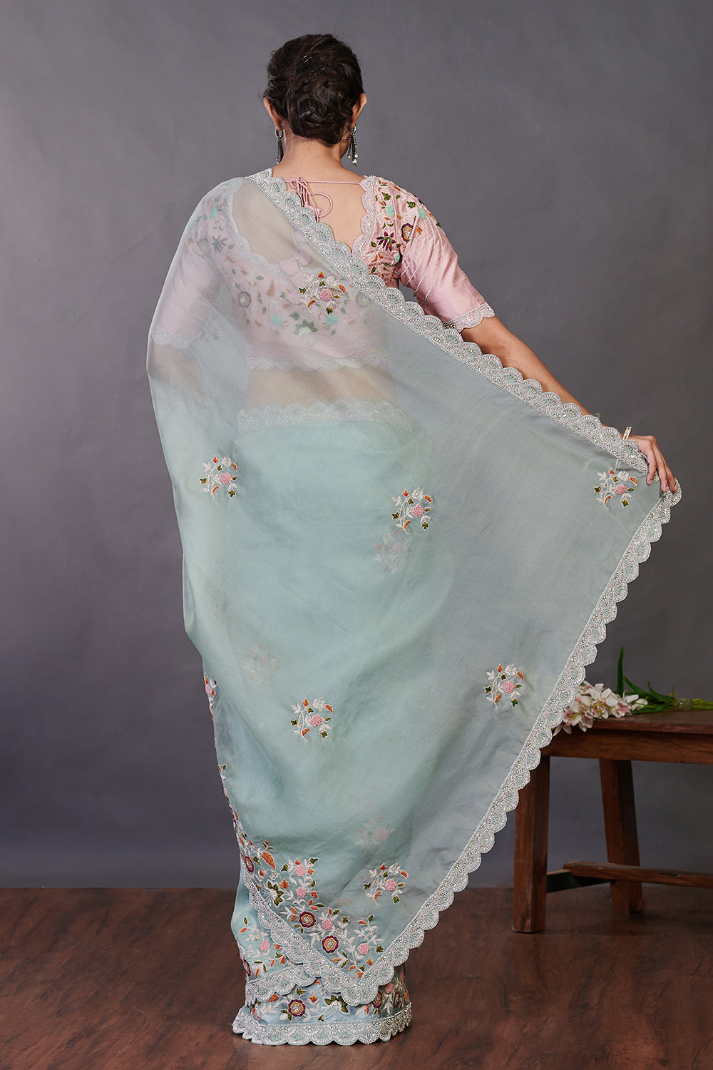Buy sea green embroidered organza sari online in USA with blouse. Make a fashion statement on festive occasions and weddings with designer sarees, designer suits, Indian dresses, Anarkali suits, palazzo suits, designer gowns, sharara suits, embroidered sarees from Pure Elegance Indian fashion store in USA.-back