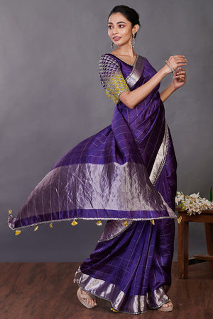 Shop purple zari check handloom sari online in USA with blouse. Make a fashion statement on festive occasions and weddings with designer sarees, designer suits, Indian dresses, Anarkali suits, palazzo suits, designer gowns, sharara suits, embroidered sarees from Pure Elegance Indian fashion store in USA.-right