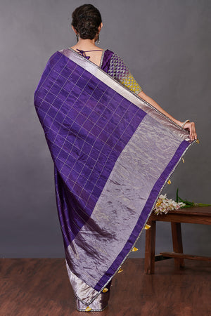 Shop purple zari check handloom sari online in USA with blouse. Make a fashion statement on festive occasions and weddings with designer sarees, designer suits, Indian dresses, Anarkali suits, palazzo suits, designer gowns, sharara suits, embroidered sarees from Pure Elegance Indian fashion store in USA.-back