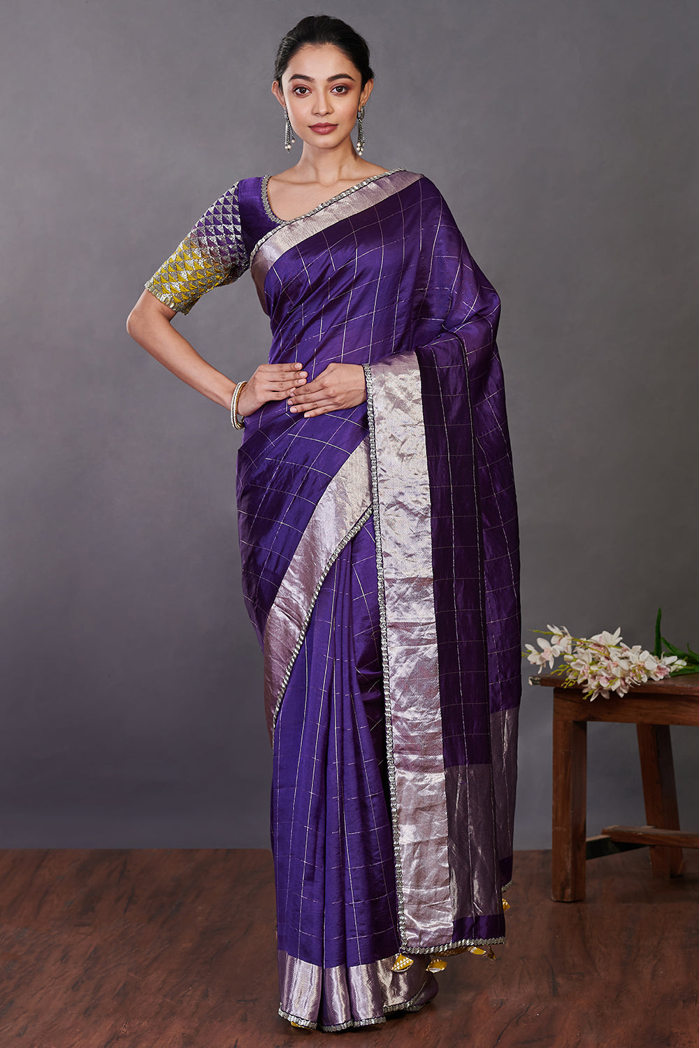 Shop purple zari check handloom sari online in USA with blouse. Make a fashion statement on festive occasions and weddings with designer sarees, designer suits, Indian dresses, Anarkali suits, palazzo suits, designer gowns, sharara suits, embroidered sarees from Pure Elegance Indian fashion store in USA.-full view