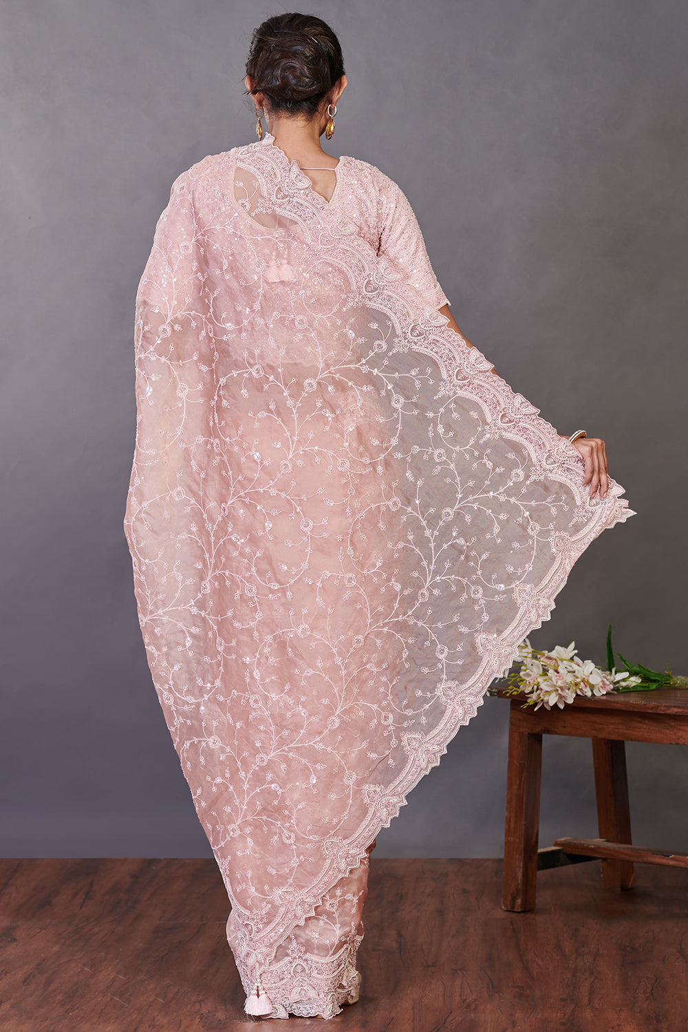 Shop dusty pink embroidered tissue silk sari online in USA with blouse. Make a fashion statement on festive occasions and weddings with designer sarees, designer suits, Indian dresses, Anarkali suits, palazzo suits, designer gowns, sharara suits, embroidered sarees from Pure Elegance Indian fashion store in USA.-back