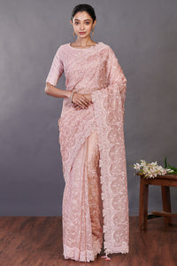 Shop dusty pink embroidered tissue silk sari online in USA with blouse. Make a fashion statement on festive occasions and weddings with designer sarees, designer suits, Indian dresses, Anarkali suits, palazzo suits, designer gowns, sharara suits, embroidered sarees from Pure Elegance Indian fashion store in USA.-full view