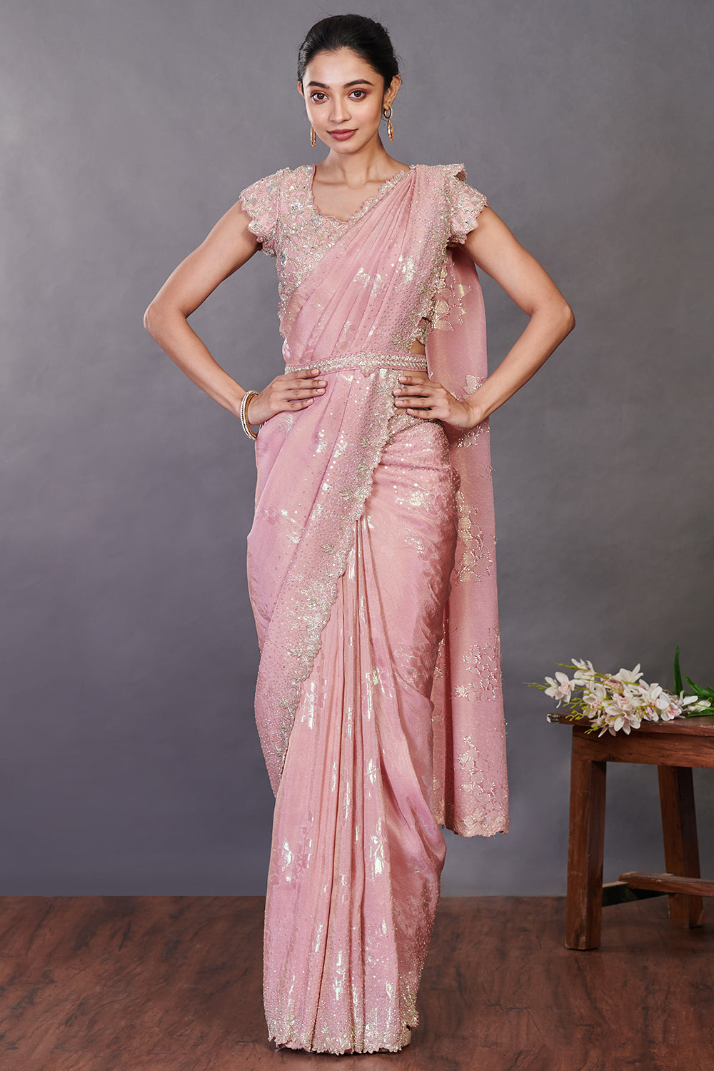 Buy beautiful dusty pink embroidered tissue silk sari online in USA with belt. Make a fashion statement on festive occasions and weddings with designer sarees, designer suits, Indian dresses, Anarkali suits, palazzo suits, designer gowns, sharara suits, embroidered sarees from Pure Elegance Indian fashion store in USA.-full view