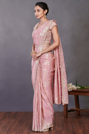 Buy beautiful dusty pink embroidered tissue silk sari online in USA with belt. Make a fashion statement on festive occasions and weddings with designer sarees, designer suits, Indian dresses, Anarkali suits, palazzo suits, designer gowns, sharara suits, embroidered sarees from Pure Elegance Indian fashion store in USA.-side