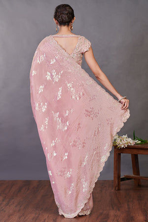 Buy beautiful dusty pink embroidered tissue silk sari online in USA with belt. Make a fashion statement on festive occasions and weddings with designer sarees, designer suits, Indian dresses, Anarkali suits, palazzo suits, designer gowns, sharara suits, embroidered sarees from Pure Elegance Indian fashion store in USA.-back