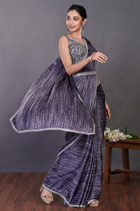 Shop deep purple satin printed sequin work sari online in USA with belt. Make a fashion statement on festive occasions and weddings with designer sarees, designer suits, Indian dresses, Anarkali suits, palazzo suits, designer gowns, sharara suits, embroidered sarees from Pure Elegance Indian fashion store in USA.-full view