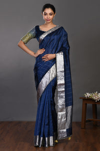 Buy beautiful navy blue handloom sari online in USA with silver zari border. Make a fashion statement on festive occasions and weddings with designer sarees, designer suits, Indian dresses, Anarkali suits, palazzo suits, designer gowns, sharara suits, embroidered sarees from Pure Elegance Indian fashion store in USA.-full view
