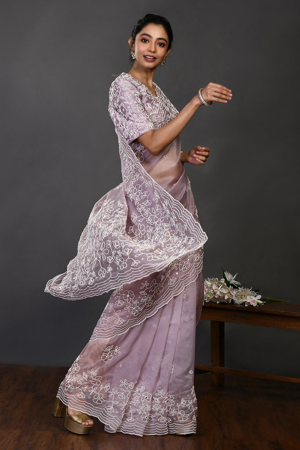 Buy stunning mauve pearl and mirror work organza sari online in USA. Make a fashion statement on festive occasions and weddings with designer sarees, designer suits, Indian dresses, Anarkali suits, palazzo suits, designer gowns, sharara suits, embroidered sarees from Pure Elegance Indian fashion store in USA.-saree