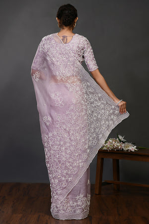 Buy stunning mauve pearl and mirror work organza sari online in USA. Make a fashion statement on festive occasions and weddings with designer sarees, designer suits, Indian dresses, Anarkali suits, palazzo suits, designer gowns, sharara suits, embroidered sarees from Pure Elegance Indian fashion store in USA.-back