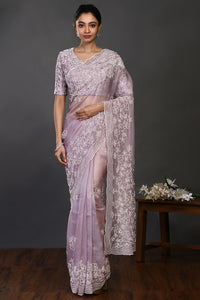 Buy stunning mauve pearl and mirror work organza sari online in USA. Make a fashion statement on festive occasions and weddings with designer sarees, designer suits, Indian dresses, Anarkali suits, palazzo suits, designer gowns, sharara suits, embroidered sarees from Pure Elegance Indian fashion store in USA.-full view