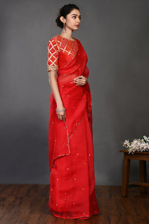 Buy red embroidered organza sari online in USA with Banarasi blouse. Make a fashion statement on festive occasions and weddings with designer sarees, designer suits, Indian dresses, Anarkali suits, palazzo suits, designer gowns, sharara suits, embroidered sarees from Pure Elegance Indian fashion store in USA.-right