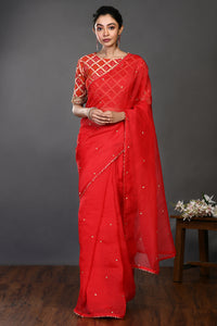 Buy red embroidered organza sari online in USA with Banarasi blouse. Make a fashion statement on festive occasions and weddings with designer sarees, designer suits, Indian dresses, Anarkali suits, palazzo suits, designer gowns, sharara suits, embroidered sarees from Pure Elegance Indian fashion store in USA.-full view