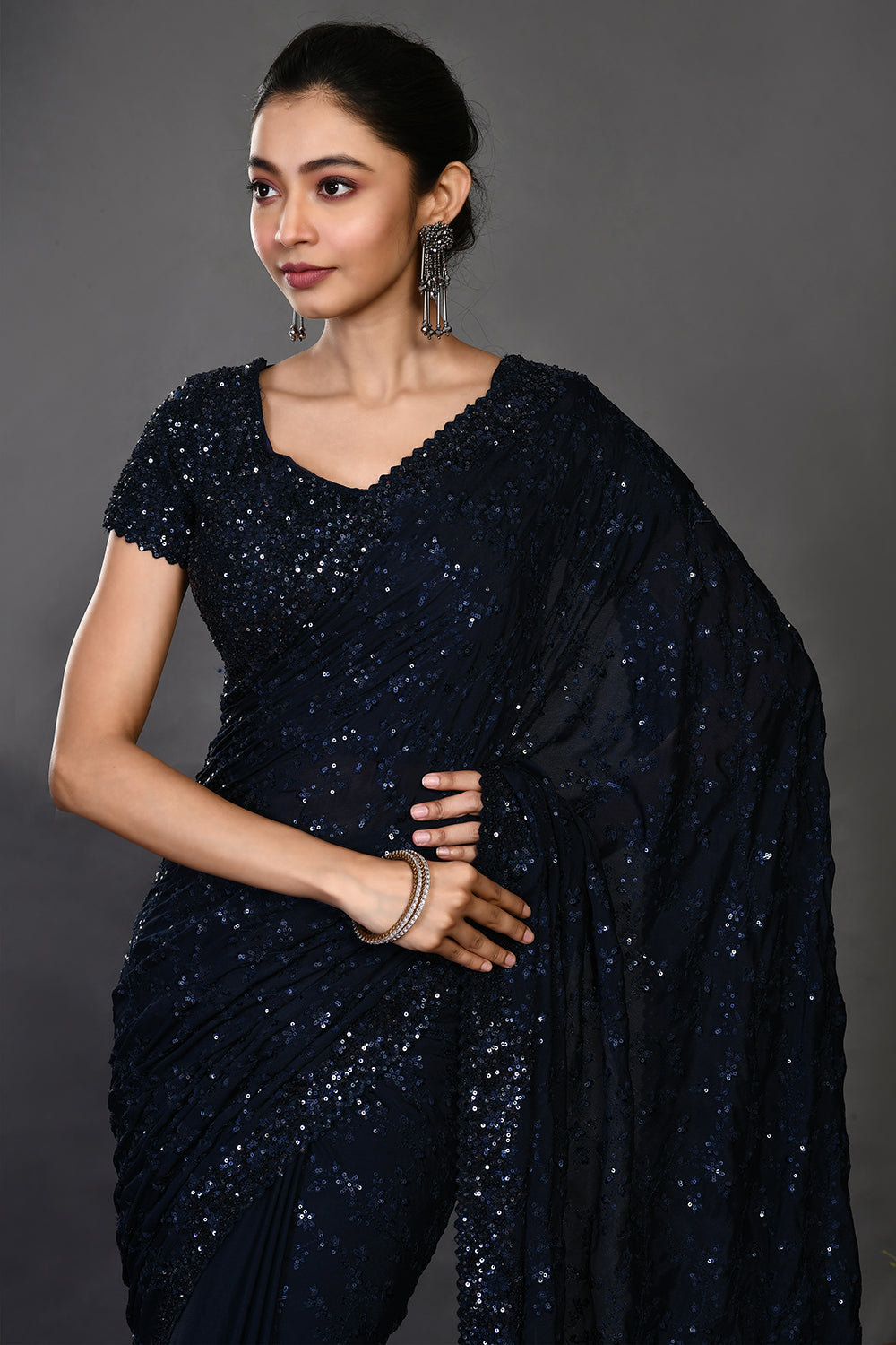 Buy beautiful navy blue tikki work handloom sari online in USA with blouse. Make a fashion statement on festive occasions and weddings with designer sarees, designer suits, Indian dresses, Anarkali suits, palazzo suits, designer gowns, sharara suits, embroidered sarees from Pure Elegance Indian fashion store in USA.-closeup