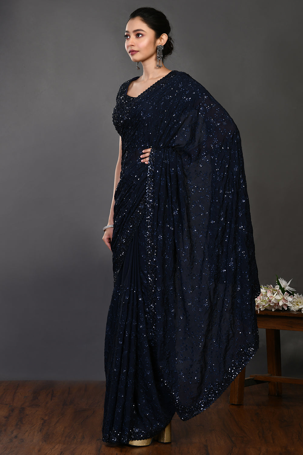 Buy beautiful navy blue tikki work handloom sari online in USA with blouse. Make a fashion statement on festive occasions and weddings with designer sarees, designer suits, Indian dresses, Anarkali suits, palazzo suits, designer gowns, sharara suits, embroidered sarees from Pure Elegance Indian fashion store in USA.-pallu