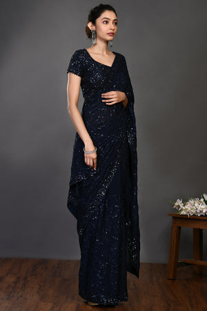 Buy beautiful navy blue tikki work handloom sari online in USA with blouse. Make a fashion statement on festive occasions and weddings with designer sarees, designer suits, Indian dresses, Anarkali suits, palazzo suits, designer gowns, sharara suits, embroidered sarees from Pure Elegance Indian fashion store in USA.-side