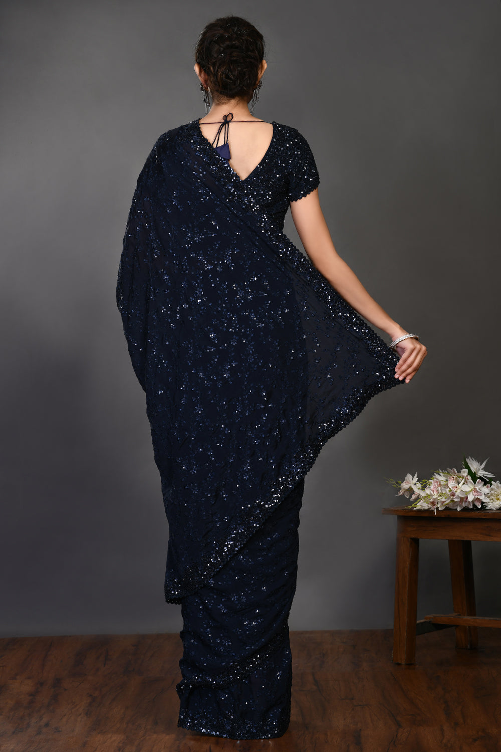 Buy beautiful navy blue tikki work handloom sari online in USA with blouse. Make a fashion statement on festive occasions and weddings with designer sarees, designer suits, Indian dresses, Anarkali suits, palazzo suits, designer gowns, sharara suits, embroidered sarees from Pure Elegance Indian fashion store in USA.-back