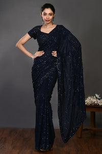 Buy beautiful navy blue tikki work handloom sari online in USA with blouse. Make a fashion statement on festive occasions and weddings with designer sarees, designer suits, Indian dresses, Anarkali suits, palazzo suits, designer gowns, sharara suits, embroidered sarees from Pure Elegance Indian fashion store in USA.-full view