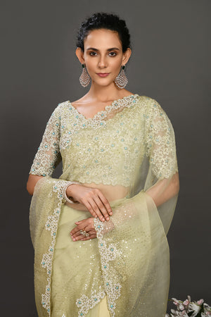 Buy pista green pearl and mirror work organza sari online in USA with blouse. Make a fashion statement on festive occasions and weddings with designer sarees, designer suits, Indian dresses, Anarkali suits, palazzo suits, designer gowns, sharara suits, embroidered sarees from Pure Elegance Indian fashion store in USA.-closeup