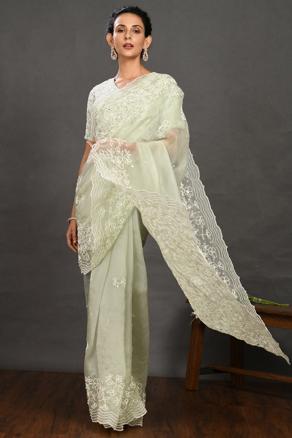 Shop pista green pearl and mirror work organza sari online in USA with blouse. Make a fashion statement on festive occasions and weddings with designer sarees, designer suits, Indian dresses, Anarkali suits, palazzo suits, designer gowns, sharara suits, embroidered sarees from Pure Elegance Indian fashion store in USA.-full view