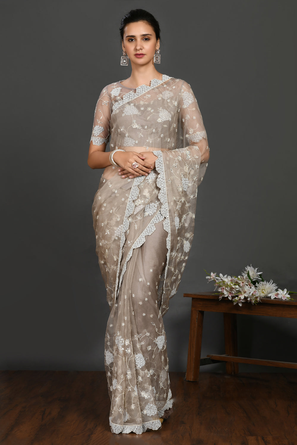 Buy grey stone and pearl work organza sari online in USA with blouse. Make a fashion statement on festive occasions and weddings with designer sarees, designer suits, Indian dresses, Anarkali suits, palazzo suits, designer gowns, sharara suits, embroidered sarees from Pure Elegance Indian fashion store in USA.-full view