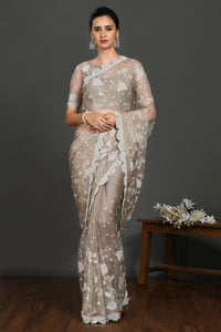Buy grey stone and pearl work organza sari online in USA with blouse. Make a fashion statement on festive occasions and weddings with designer sarees, designer suits, Indian dresses, Anarkali suits, palazzo suits, designer gowns, sharara suits, embroidered sarees from Pure Elegance Indian fashion store in USA.-full view