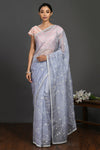 Shop lilac stone and zari work organza sari online in USA with blouse. Make a fashion statement on festive occasions and weddings with designer sarees, designer suits, Indian dresses, Anarkali suits, palazzo suits, designer gowns, sharara suits, embroidered sarees from Pure Elegance Indian fashion store in USA.-full view